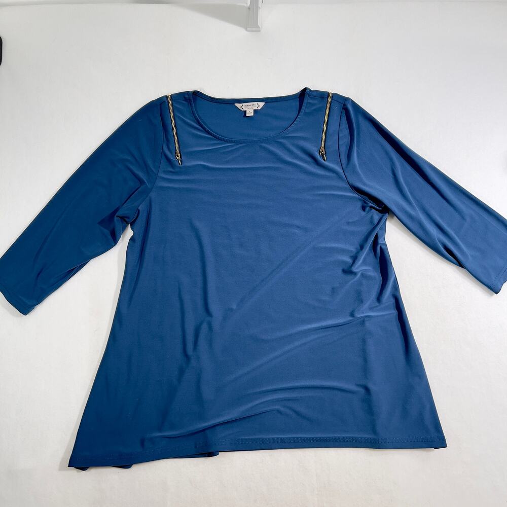 Nanette Lepore Collection Blouse Woman L Blue Zipper Exposed Shoulder 3/4 Sleeve